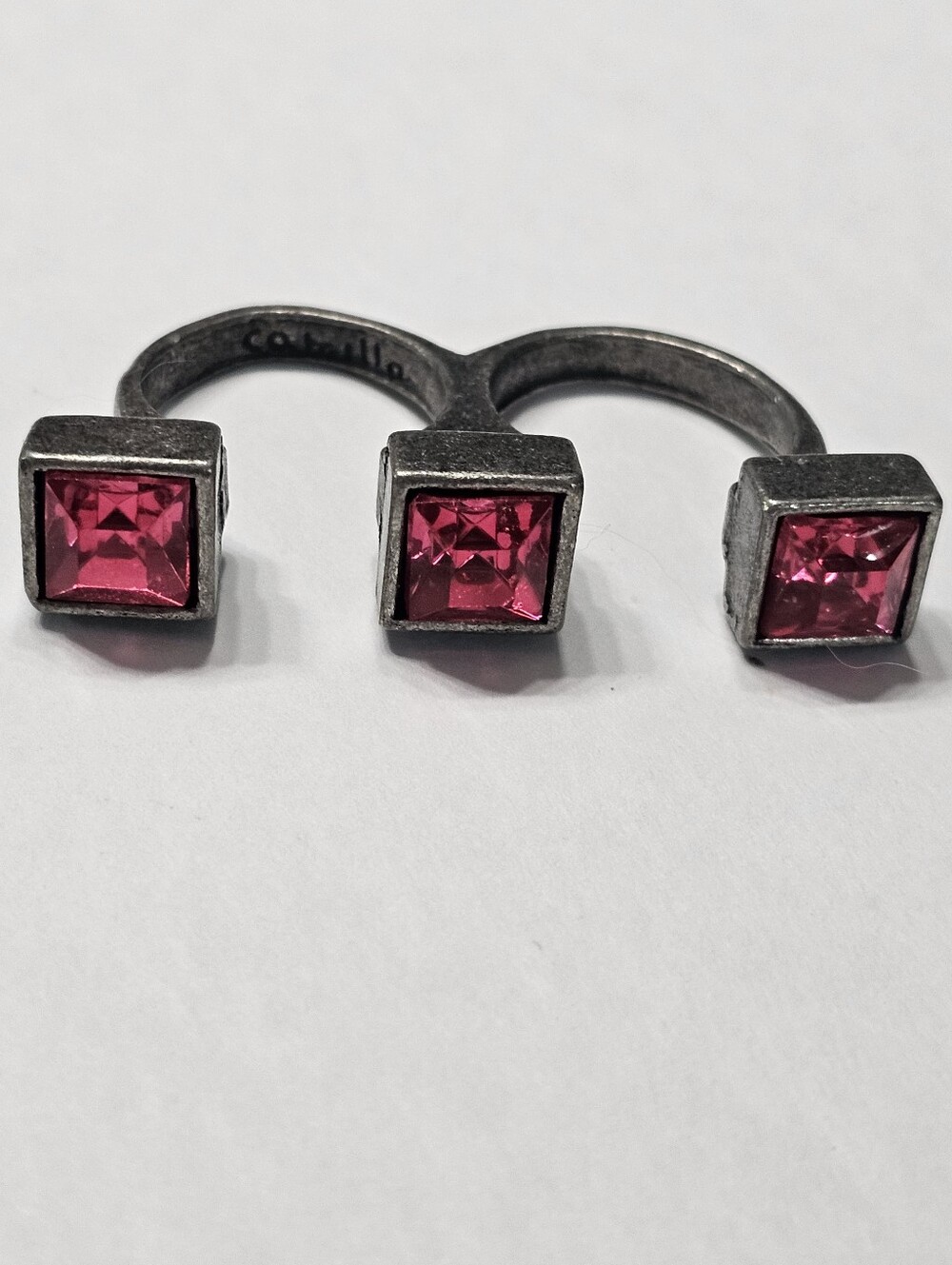 Camilla Seretti Jeffree Adjustable Square Double Finger Ring Pink Crystals